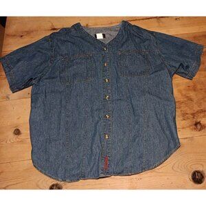 Vtg Faded Glory Womens 22W Denim Shirt Button Front Short Sleeve V Neck Cotton
